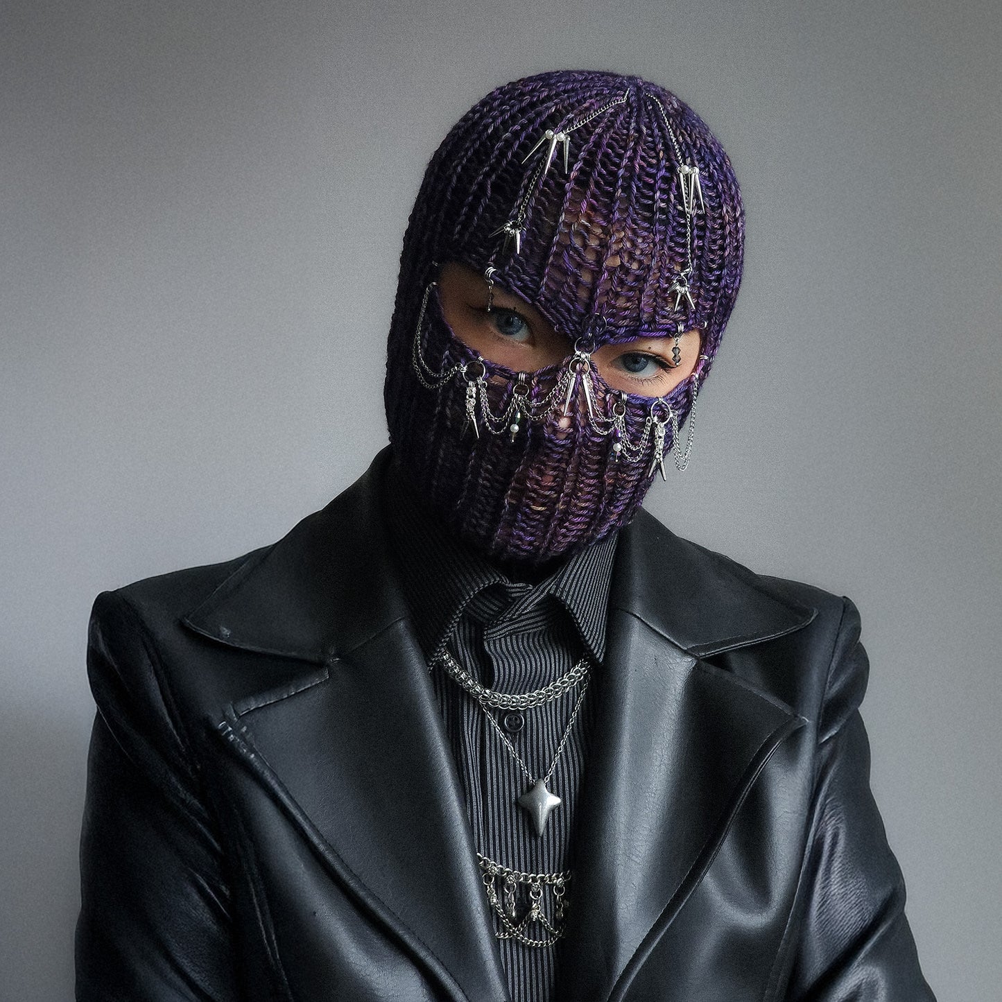 Spiky purple knitted balaclava