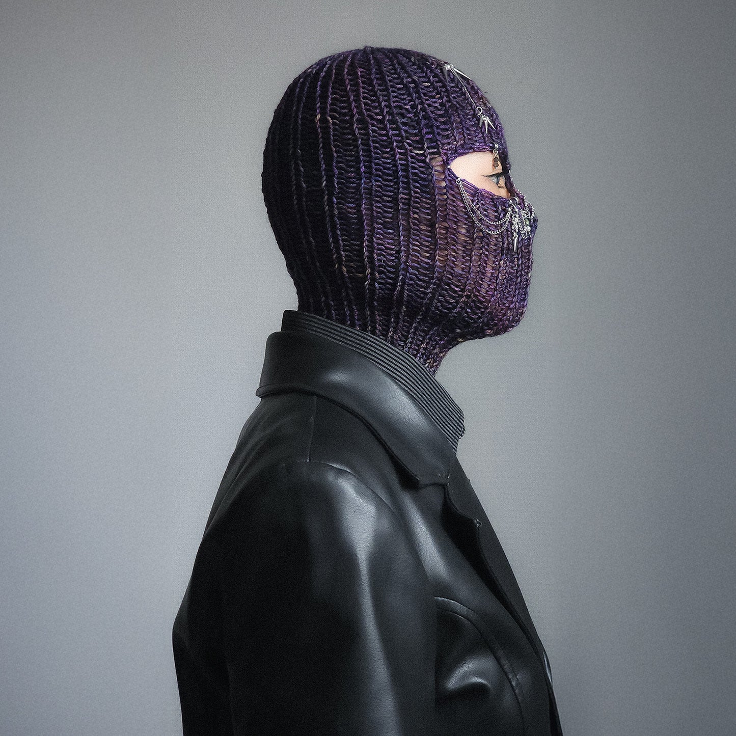 Spiky purple knitted balaclava