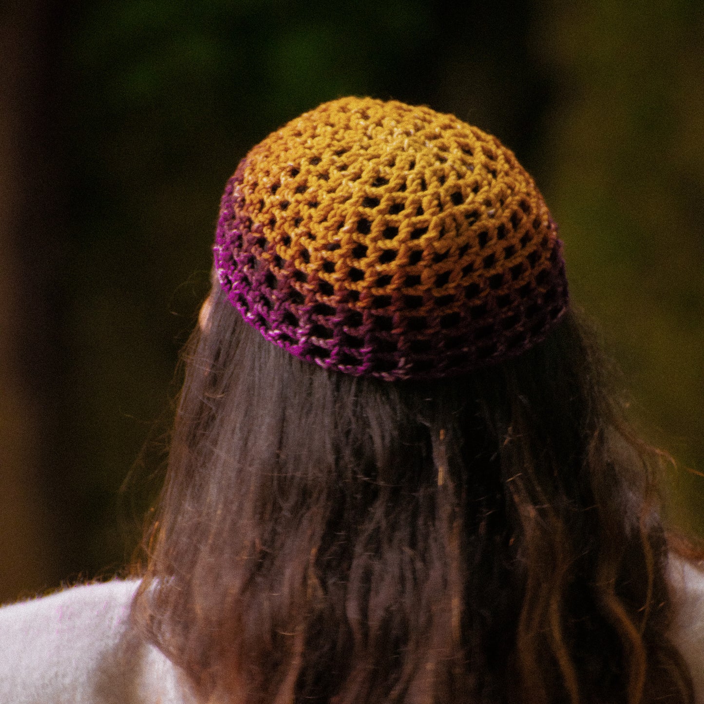 Fishnet hat gradient mustard and purple